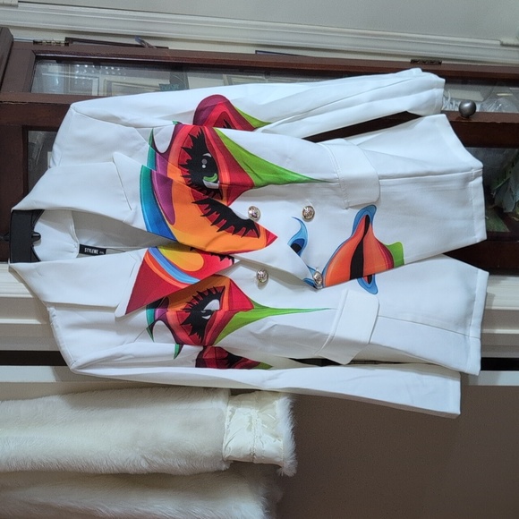 Colorful Face Art Women's Double Breast Blazer - Picture 2 of 7